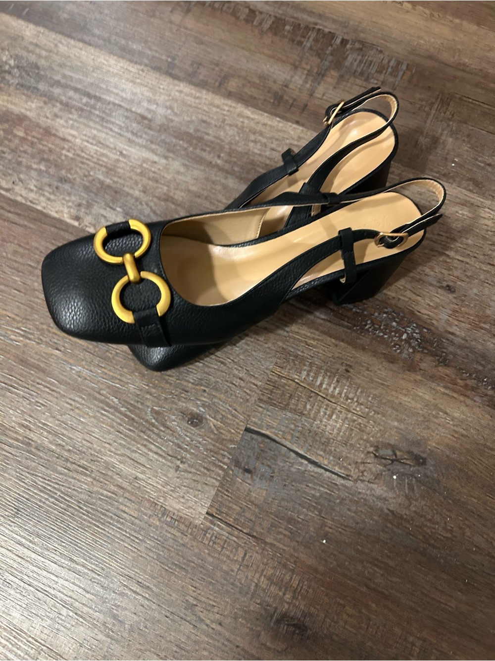 Black Slingback Block Heel Pumps with Gold Ring Accent